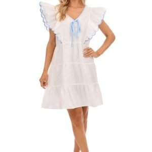 Women’s White Mini Sundress – Flutter Ruffle Sleeves, Tie Neck with Blue Trim, Tiered A‑Line Dress